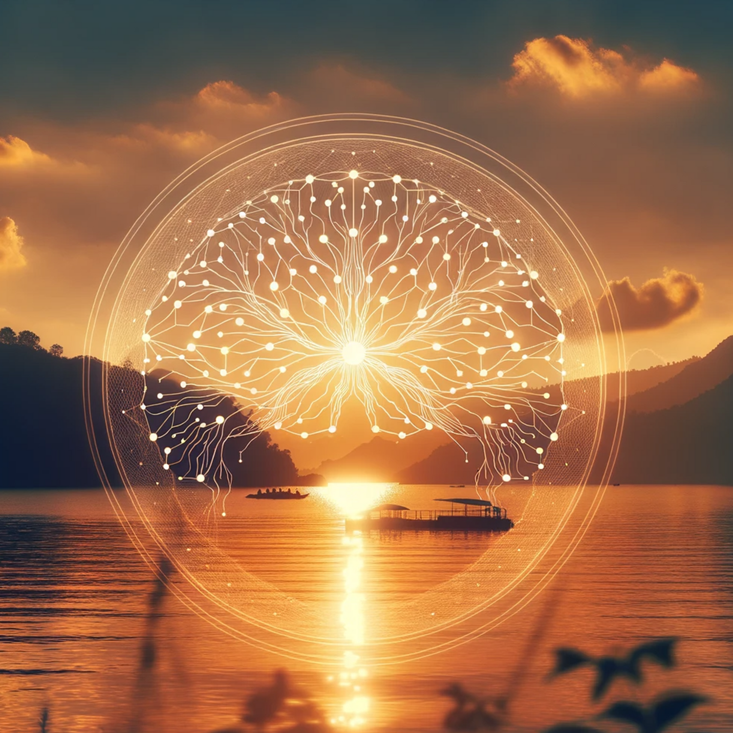 Serene sunset landscape with a transparent overlay of interconnected neural networks, representing the calming effect of alpha brainwaves