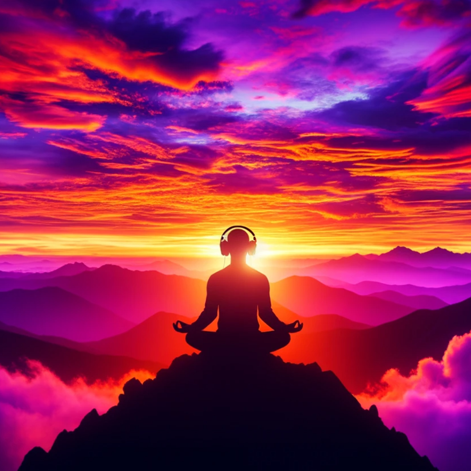 A person meditating atop a mountain peak during a breathtaking sunset, with the vibrant hues of the sky as a backdrop