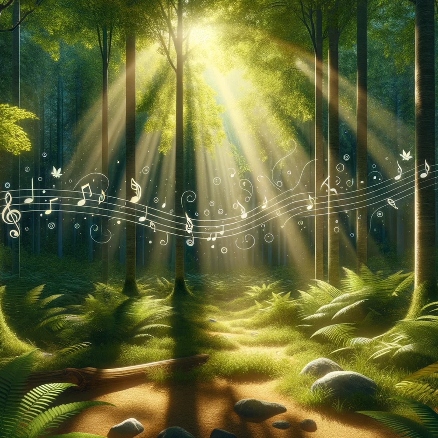 a lush green peaceful rainforest with musical notes playing across