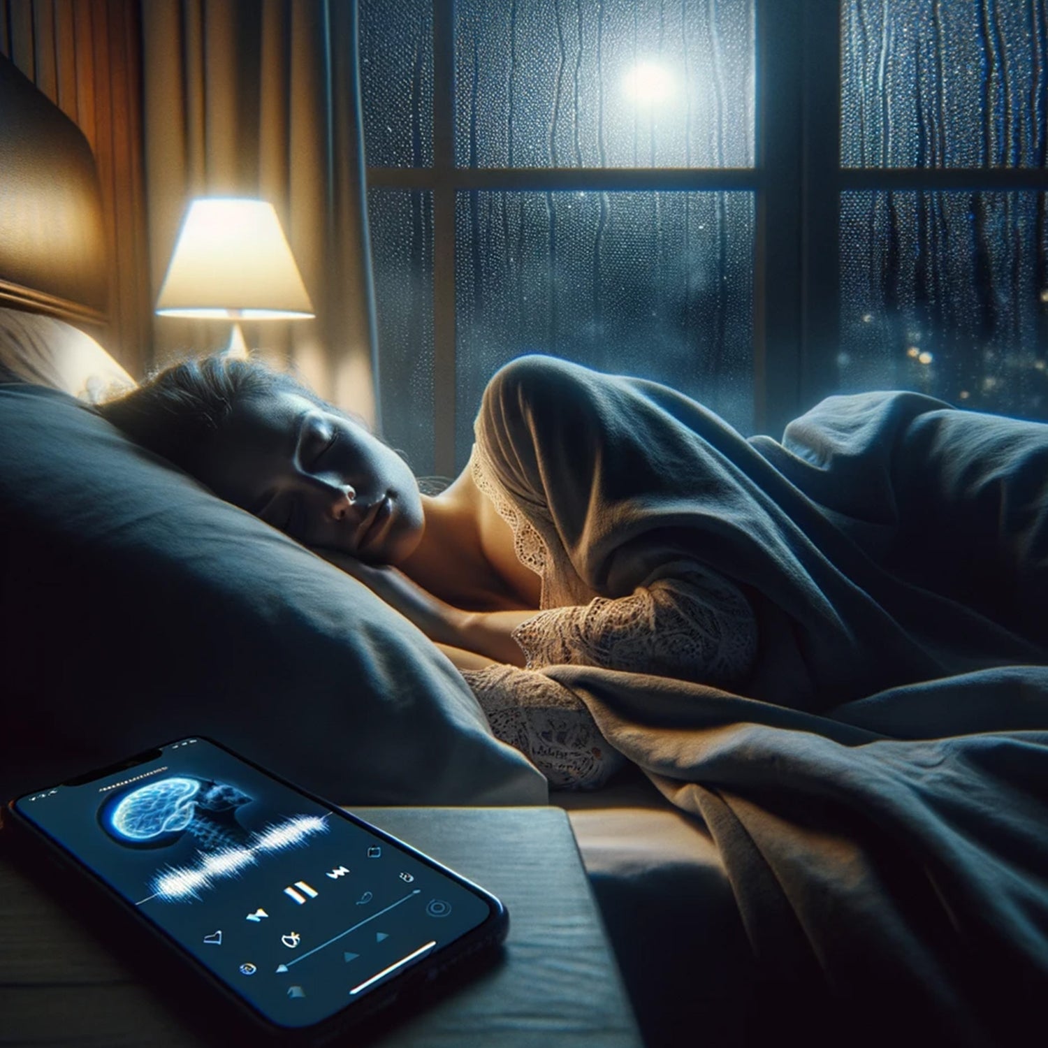 a woman sleeping next to her phone while it plays brainwave music