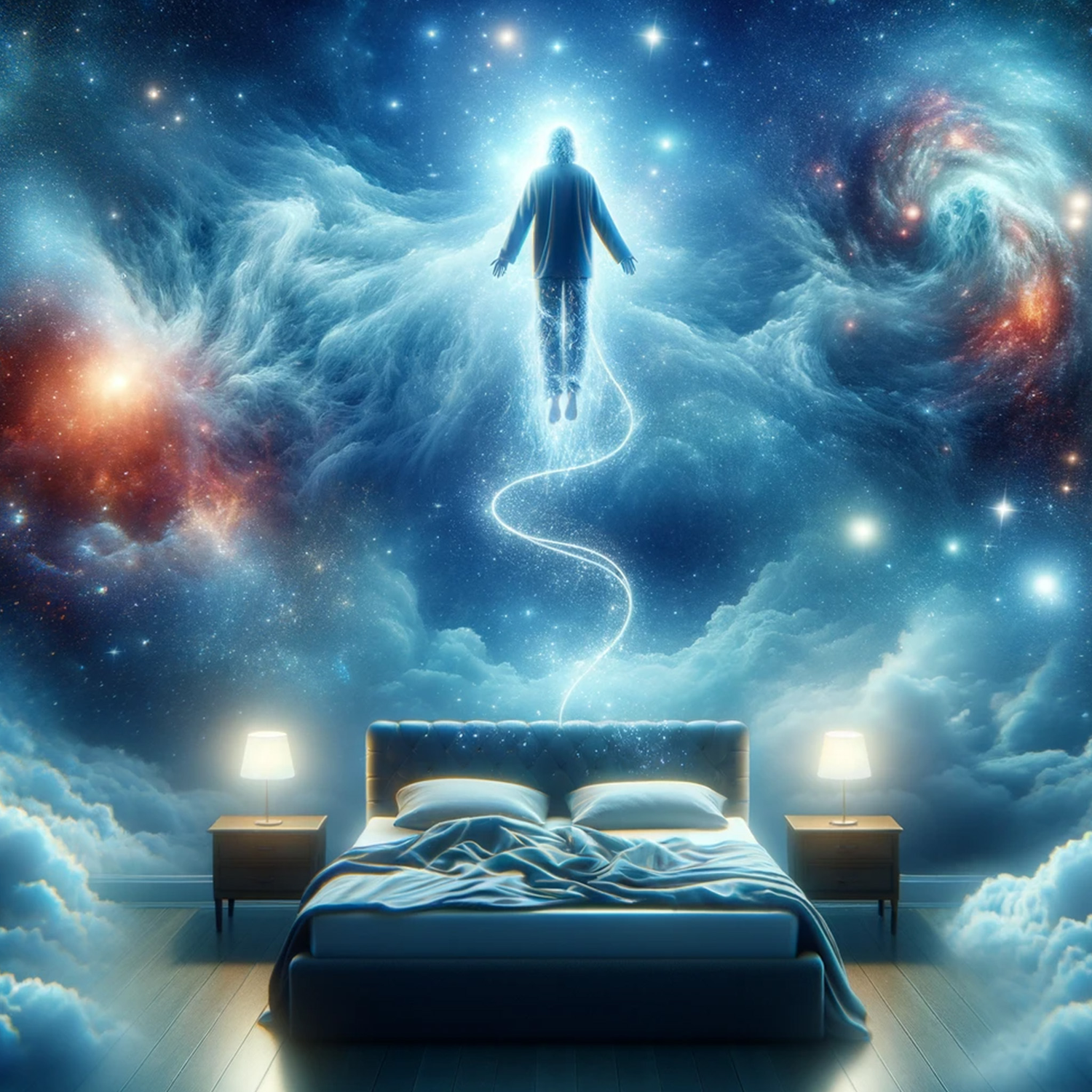  astral projection and lucid dreaming a figure floats out of his bed into the cosmos