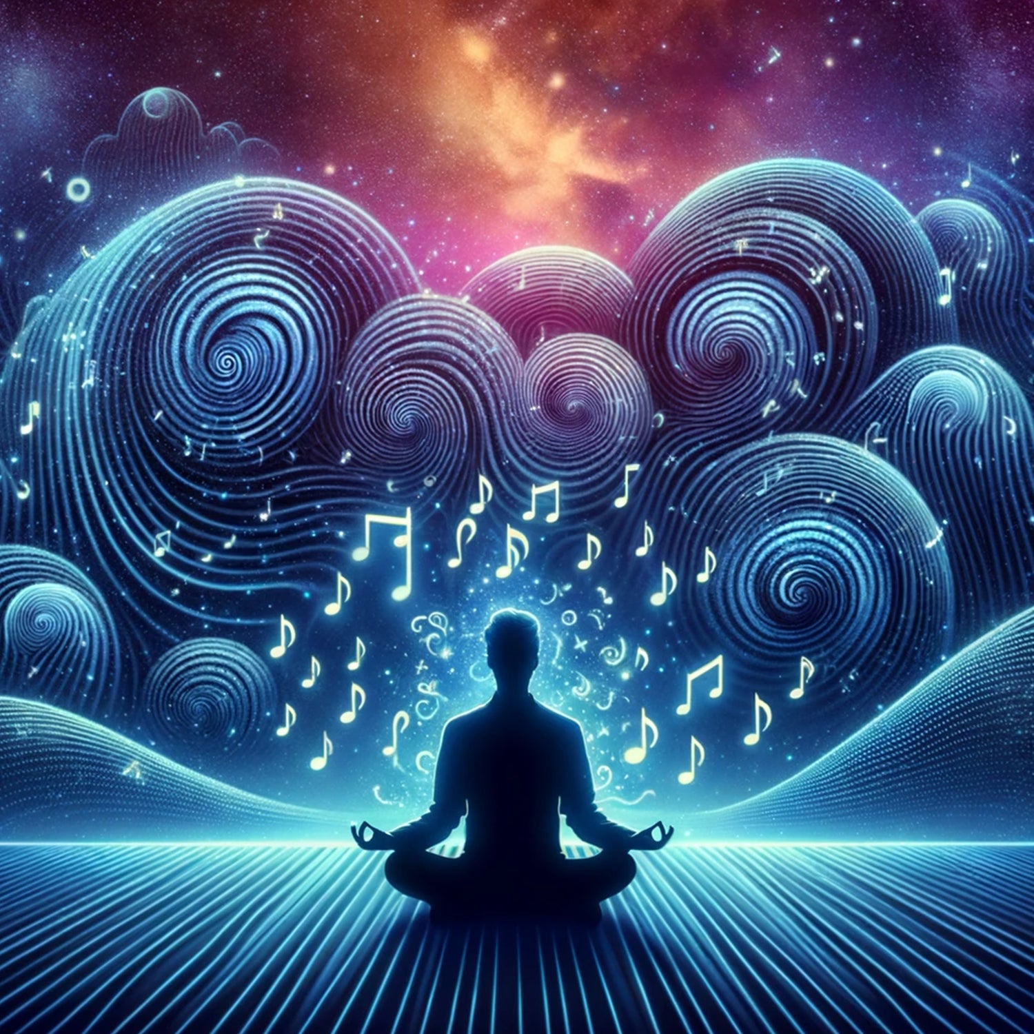 man meditating to theta soundwaves and music under the cosmos