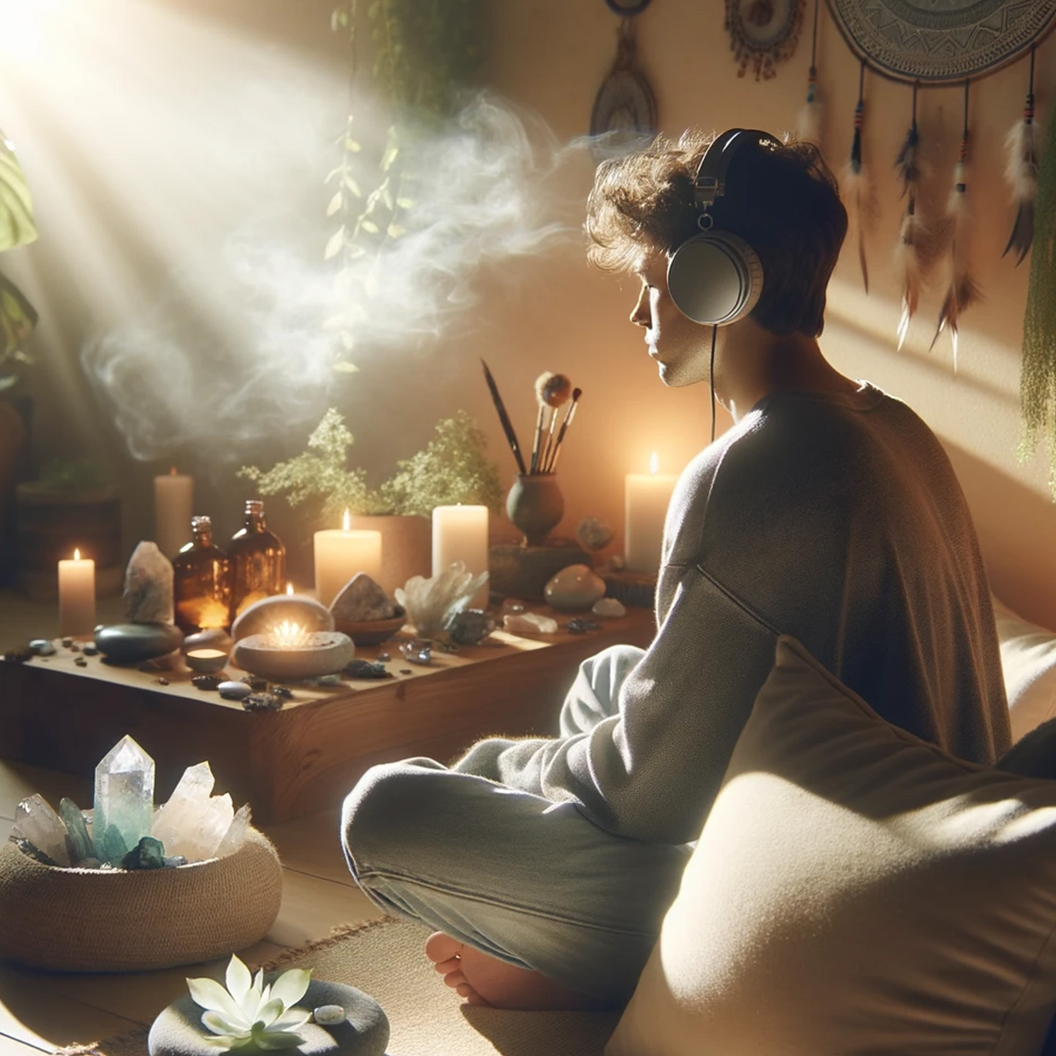Individual in a healing environment with harmonious nature elements, surrounded by soothing music notes, plush pillows, and energy crystals.